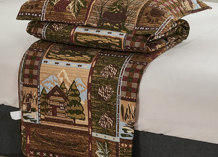 Oliven Cabin Bedding Quilt Twin Size Lodge Patchwork Quilt Set Rustic Bedspread Forest Huts Bear Duck Pine Cone Coverlet Summer Lightweight Plaid Bed Cover Pillow Shams