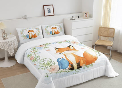 Erosebridal Kids Fox Comforter Set Twin Boys Girls Cute Woodland Animal Print Bedding Set Rose Flower Comforter Tree Branch Botanical Duvet Quilts,Watercolor Lovely Bird Wildlife Bedding Sets 2 Pcs
