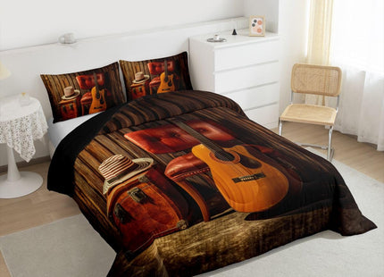 Erosebridal Acoustic Guitar Comforter King Vintage Instrument Bedding Set, Rustic Farmhouse Down Comforter Western Cowboys Hat Bed Set, Wooden Lodge Cabin Quilted Duvet Microfiber