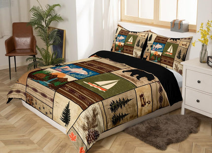 Erosebridal Retro Brown Cabin Duvet Cover,Patchwork Woodland Bear Deer Bedding Sets for Rustic Lodge,Farmhouse Wooden Wild Animal Comforter Cover for Boys Adults Men,Fish Duck Boat Bed Set Zipper