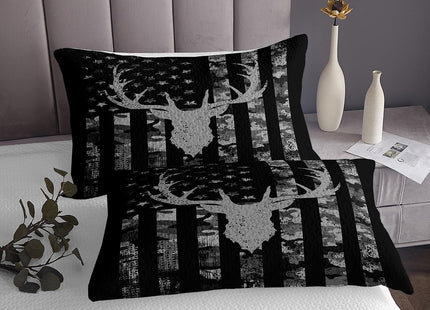 Kids Camo American Flag Bedspread Twin Size,Deer Antlers Silhouette Animal Quilted Coverlet,Girls Boys Adults Xmas/Bedroom Decor,Rustic Retro Coverlet Set,Black Grey Bedding Quilt,1 Pillowcase