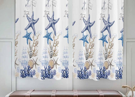 Ocean Beach Starfish Kitchen Curtain 63 Inch Length Drapes for Cafe/Living Room, Blue Coastal Coral Shell Nautical Boat Window Treatment Rod Pocket Bathroom Bedroom Drapery Panels Curtains, 84x63