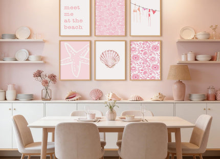 Pink Beach Wall Art Preppy Coastal Canvas Wall Decor Summer Aesthetic Pictures Girl Beachy Granddaughter Posters Ocean Shell Starfish Art Prints for Girl Room Bedroom 8x10 Inch Unframed Set of 6