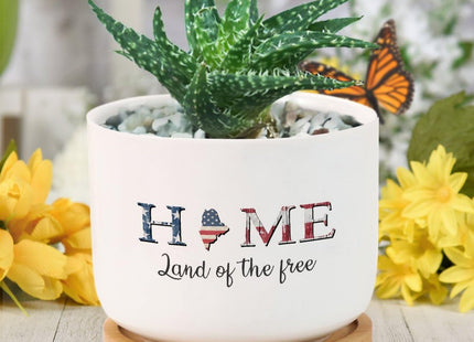 DreamAutumn Home Land of The Free Maine Planter Ceramic Round Plant Pots with Drainage Holes and Bamboo Tray Planting Small Flower Pots for Home Windowsill Desk Garden Indoor Outdoor Use