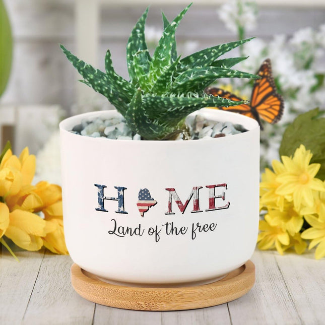 DreamAutumn Home Land of The Free Maine Planter Ceramic Round Plant Pots with Drainage Holes and Bamboo Tray Planting Small Flower Pots for Home Windowsill Desk Garden Indoor Outdoor Use