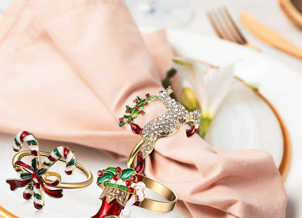 Set of 6 Christmas Napkin Rings Napkin Holder Rings Wreath Santa Claus Candy Cane Reindeer Christmas Tree Design for Holiday Party Dinner Table Decoration