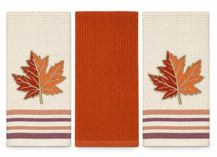 Fall Thanksgiving Kitchen Hand Dish Towels, Orange Rust Maple Leaf, 3 PC