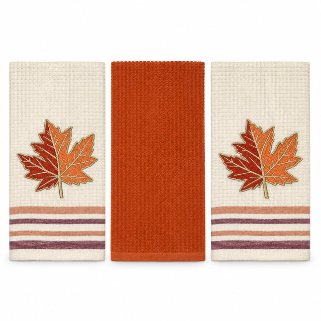 Fall Thanksgiving Kitchen Hand Dish Towels, Orange Rust Maple Leaf, 3 PC