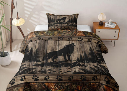 Feelyou Farmhouse Wolf Kids Comforter Set Twin Size Camo Woodland Hunting Bedding Set Rustic Cabin Duvet Quilt for Kids Boys Girls Bedroom Wildlife Animal Decor Microfiber Ultra Soft Breathable