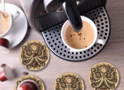 Mechanical Octopus Coasters for Drinks Set of 4, Ceramic Stone Cup Mat Water Absorb Spill Coaster with Non-Slip Cork Backing Cute Drink Coasters for Cup Kitchen Home Decor