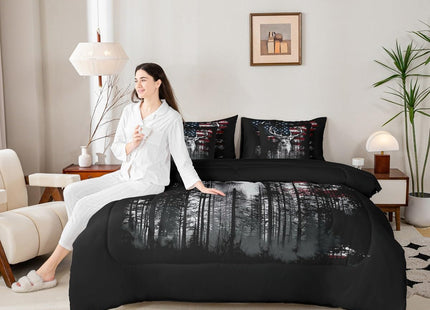 Erosebridal Antlers Hunting Twin 7 Pcs Bedding Set for Boys, Retro Moose Deer Comforter Set with Sheets American Flag Bed in A Bag for Men Adults Bedroom, Rustic Farmhouse Western Wildlife Bed Sets