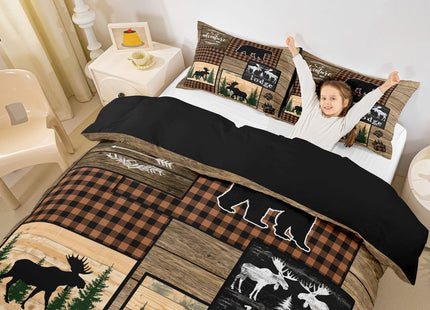 Erosebridal Retro Cabin Comforter Cover for Boys, Checkered Plaid Patchwork Duvet Cover King for Teens Adult Bedroom, Woodland Deer Bear Trees Bedding Set Country Farmhouse Moose Bed Cover, Brown