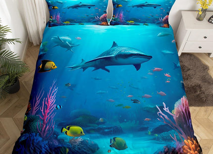 Kids Shark Bedding Sets King Blue Hawaiian Duvet Cover Set,Fish Bedspreads Beach Theme Quilt Cover Underwater Children Comforter Cover Ultra-Soft Brushed Microfiber Turtle Decor Bed Cover with Ties