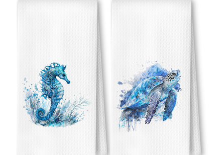 ArtisaEura Coastal Sea Horse Turtle Beach Hand Towels for Bathroom Set of 2, Coastal Beach Kitchen Towels, Nautical Dish Tea Towels for Kitchen Decor, Ocean Bathroom Decor, 16x24 Inch