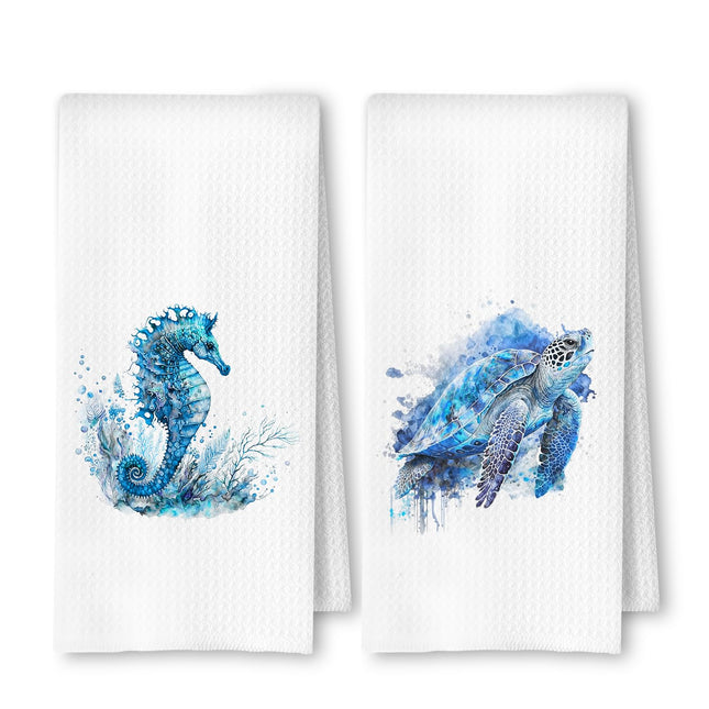 ArtisaEura Coastal Sea Horse Turtle Beach Hand Towels for Bathroom Set of 2, Coastal Beach Kitchen Towels, Nautical Dish Tea Towels for Kitchen Decor, Ocean Bathroom Decor, 16x24 Inch