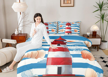 Erosebridal Nautical Comforter Set Twin Red White Lighthouse Bedding Set, Blue Stripes Bedding Comforters & Sets Coastal Conch Starfish Duvet, Ocean Theme Quilt Comforter Super Cozy Microfiber 2pcs
