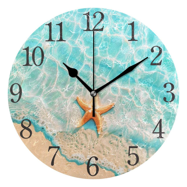 SUABO Blue Starfishes Seashell Wall Clock Arabic Numerals Design Round Wall Clock for Living Room Bathroom Home Decor