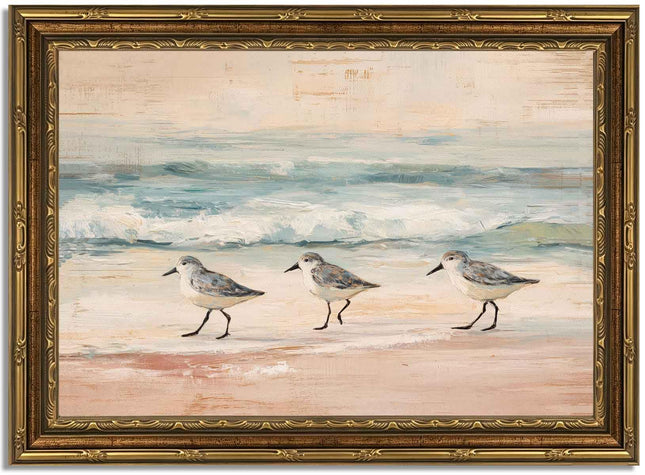 Vintage Gold Framed Coastal Sanderling Wall Art, Beach Bird Print, 16x12In