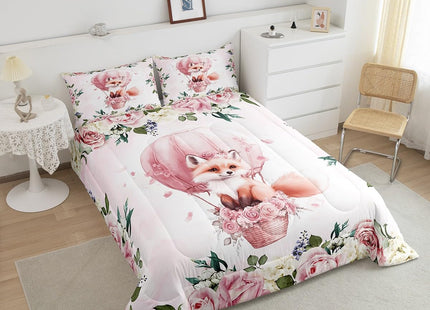 Cute Fox Kids Comforter Set Twin Size,Hot Air Balloon Rose Flowers Princess Romantic Bedding Set,Girls Women Room Decor,Forest Animal Leaves Down Comforter,Pink Dreamy Duvet Insert,1 Pillowcase