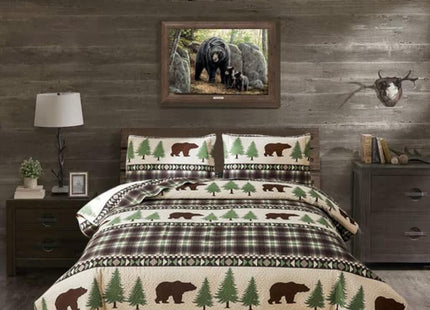 Quilt Set Queen Size Rustic Lodge Plaid Quilt Bed Spread Country Cabin Brown Bear Bedding Lightweight Reversible Quilts Home Bedspread Coverlet with 2 Pillow Shams