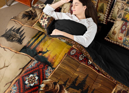Erosebridal Brown Tribal Buffalo Plaid Full 7 Pieces Bedding Set, Hunting and Fishing Comforter Set with Sheets, Bear Deer Elk Moose Antlers Bed in A Bag, Rustic Farmhouse Patchwork Bed Sets