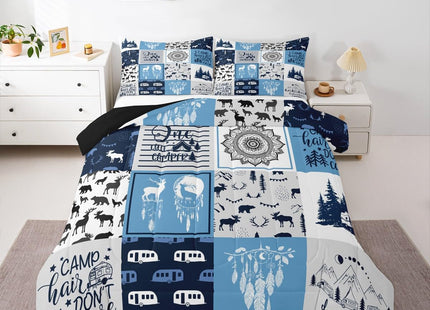 Bohemian Mandala Comforter Set, Rustic Lodge Camping Bedding Set Twin Size For Kids Boys Girls Teens, Farmhouse Christmas Deer Cabin Duvet Insert Woodland Bear Farm Amimal Adventure Quilt, Blue