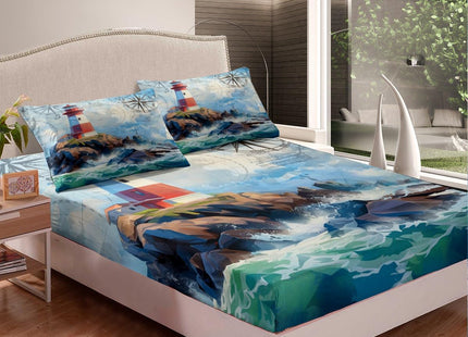 Ocean Wave Fitted Sheet Twin Size,Retro Lighthouse Compass Sailboat Nautical Bedding Set Kids Girls Boys Bedroom Decor,World Map Marine Bed Sheets,Mountain Rustic Nature Landscape Bed Cover