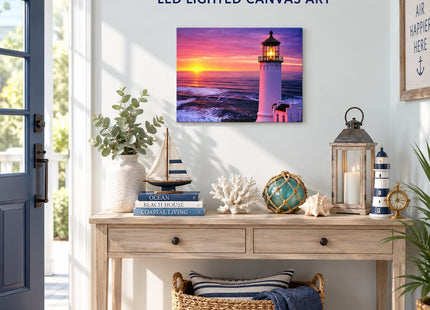 BANBERRY DESIGNS Lighted Lighthouse Canvas Wall Art with LED Lights – Nautical Beach Sunset Ocean Decor – Coastal Lighthouse Picture for Living Room, Bedroom & Bathroom – 16” x 12” – Battery Operated