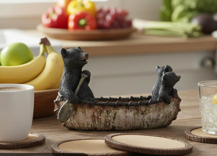 Black Bear Canoe Coaster Set with Holder - Pine Ridge 3 Rustic Black Bear Cabin Decor Absorbent Coaster Drink - Set of 5 Drink Coaster Set