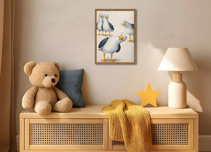 Funny Seagull Nursery Wall Art, Cute Bird Kids Room Wall Decor Painting Whimsical Coastal Animal Poster Canvas Prints Picture for Bedroom Living Room Bathroom 12x16 inch Wood Framed