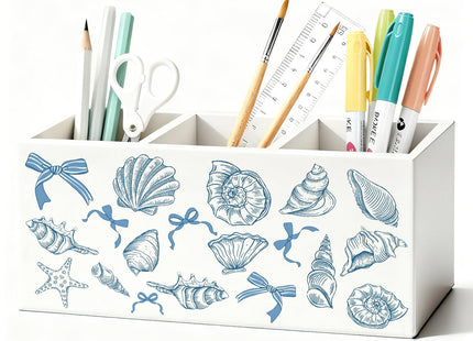 LIANGW Blue Preppy Beach Pen Pencil Holder for Desk, Beach Office Decor, Coquette Blue Bow Coastal Seashell Beachy Wooden Box Sign Decorations for Girly Room Bedroom Dorm Office Desk Tabletop