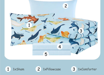 Twin Bedding Sets for Boys - 5 Pieces Ocean Bedding Twin Comforter Set
