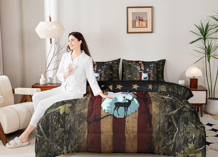 Feelyou American Flag Deer Cabin Comforter Set Full Size Kids Boys Girls