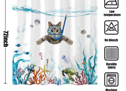 Fowocu Funny Cat Shower Curtain Set Teal Blue Sea Ocean Waterproof Fabric Shower Curtains with Animal Octopus Starfish Turtle Anchor Fish Nautical Bathroom Decor (Blue, 72''×72'')