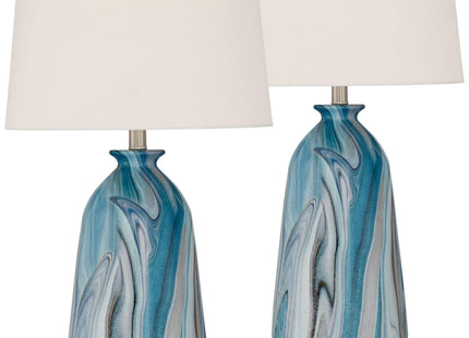 Carlton 28" Tall Table Lamps Set of 2 Swirling Blue Faux Marble Coastal