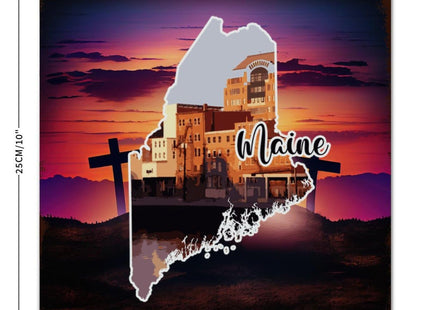 Woguangis Metal Sign Maine States Map Scenery America USA State Landscapes Plaque Maine Porch Decor Aluminum Metal Signs Retro Wall Tin Plaque for Home Living Room Bedroom Front Porch 10x10in