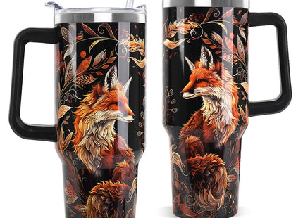 Nqhsionv Fox Tumbler with Handle and Straw 40 oz Fall Foxes Mandala Cup Coffee Travel Mug Stainless Steel Insulated Water Bottle Fox Stuff Lovers Fall Autumn Decor Gifts for Women