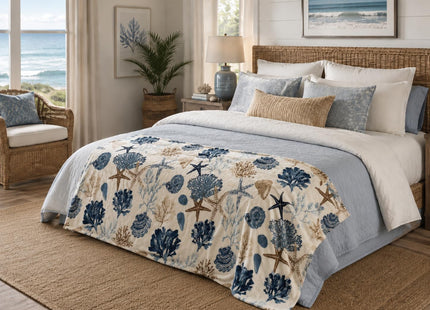 Ocean Coastal Shells Throw Blanket, Nautical Blues Beige on White, 50x70