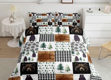 Kids Rustic Black Bear Comforter Set Twin Woodland Animal Bedding Set For Boys Teen Men,Patchwork Black White Grey Buffalo Plaid Comforter Farmhouse Wooden Pine Tree Bear Paw Quilt Duvet 2 Pcs