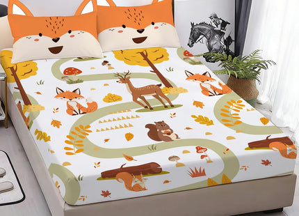 Yasida Twin Size Fox Forest Animals Twin Fitted Sheet Kids 3D Fox Pillowcase Washable Sheets Set Kid Animals Bedding Sheet Soft Microfiber(1*Sheet+1*Pillowcase)