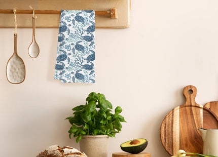 HUGANE Coral Sea Turtle Coastal Kitchen Towels, Navy Blue Beach Hand Towels for Bathroom, Blue Ocean Animal Beachy Nautical Dish Tea Towels for Kitchen Decor, 16x24 Inches