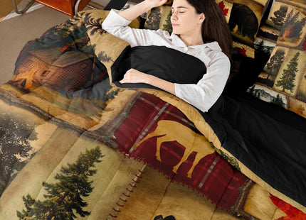 Erosebridal Rustic Farmhouse Comforter Set 7 Pcs Twin,Retro Cabin Lodge Down Comforter,Hunting Bear Deer Bed in a Bag,Country Maple Leaves Duvet Insert,Rustic Woodland Pine Tree Sheets,Red Brown