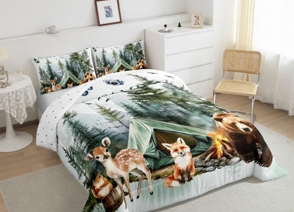 Erosebridal RV Camper Queen Comforter Set,Happy Camping Rustic Bedding Set for Kids Adults Bedroom Decor,Cabin Bear Deer Fox Bed Set Country Farmhouse Bed Comforter Sets,2 Pillowcases