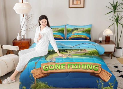 Castle Fairy Teens Lake Fishing Comforter Set Queen Size,Bass Fish Bedding Set for Kids Boys Girls Bedroom Decoration,Fish Rod Bed Duvet Insert,Hunting and Fishing Comforter with 2 Pillowcases