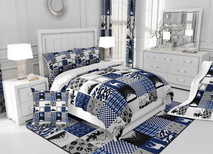 Elk Deer Bear Comforter Set Full Blue Camouflage Quilt for Boys Girls,Woodland Wild Animals Bedding Set Reindeer Camo Patchwork Duvet Insert,Retro Lodge Cabin Country Farmhouse Decor