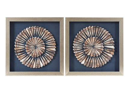 American Art Decor Seashell Shadowbox Set - 2-pc Natural Cone Shell Wall Art, Champagne Frame on Blue Linen - Coastal Wall Decor for Living Room, Bedroom, Bathroom, Office