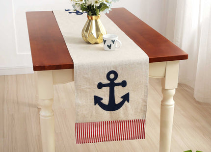 DECOPOW Embroidered Anchor Linen Table Runner ,14 Inches x 72 Inches (Red Stripe)