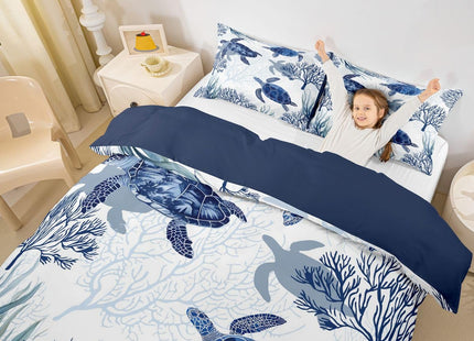 Turtle Bedding Set King Nautical Coastal Bedding,White Blue Sea Turtle Comforter Cover for Kids Boys Girls,Reptile Tortoise Duvet Cover Ocean Beach Theme Quilt Cover Kawaii Sea Animal Bedspread Cover