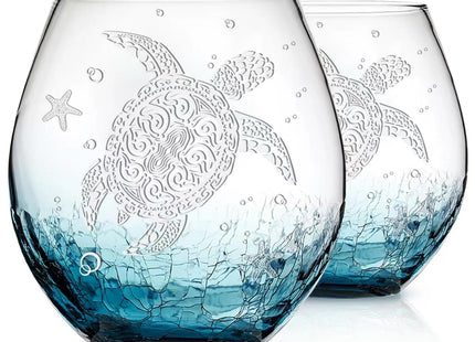 Physkoa Sea Turtle Gifts for Women-13.5oz Sea Turtle Wine Glasses set of 2 - Crackle teal design turtle wine glasses-Hand blown Stemless Wine Glass -Sea lovers Gifts for Birthday，Mothers Day