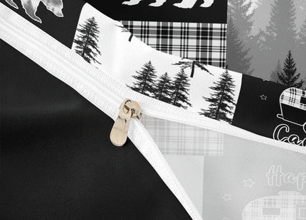 Woodland Bedding Set Hunting Bear Patchwork Buffalo Plaid Duvet Cover King Size,Rustic Cabin Barn Door Comforter Cover Boys Girls Camper Decor,Wildlife Paw Print Pine Trees Bed Sets Gray Black